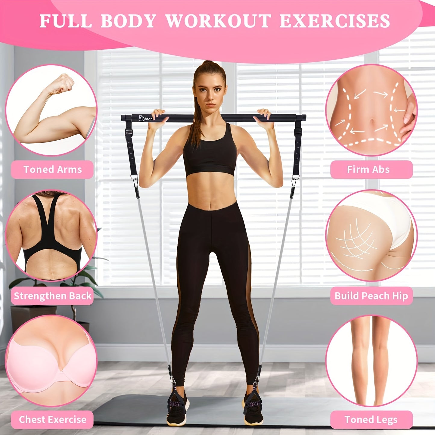 Pilates Bar Kit With 6x Resistance Bands (20\u002F30\u002F50lbs), Pilates Bar With Stackable Bands Workout Equipment For Legs, Hip, Waist And Arm, Exercise Fitness Equipment For Women & Men Home Gym Yoga Pilates Black